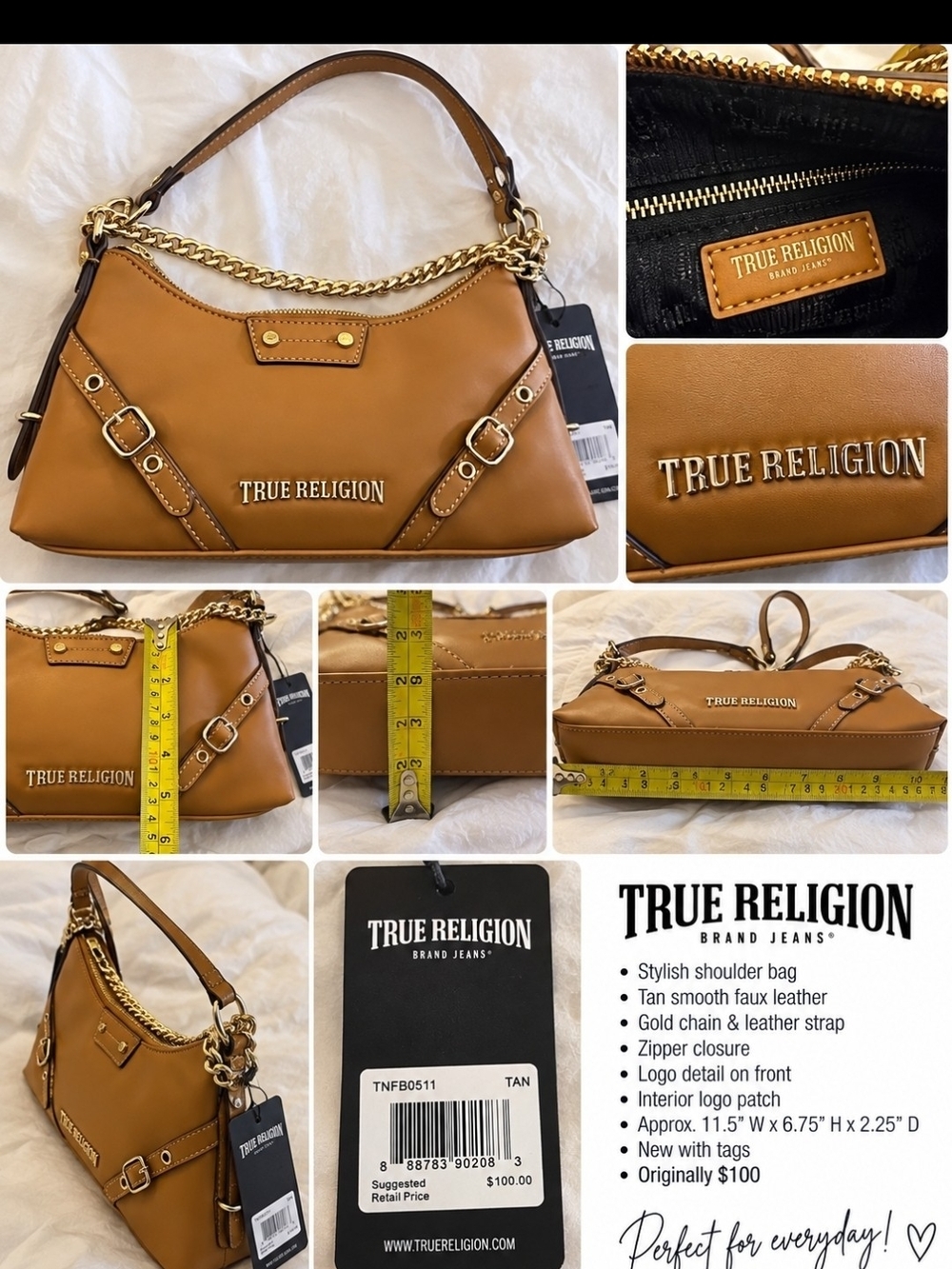 True Religion Tan Shoulder Bag with Gold Chain and Logo